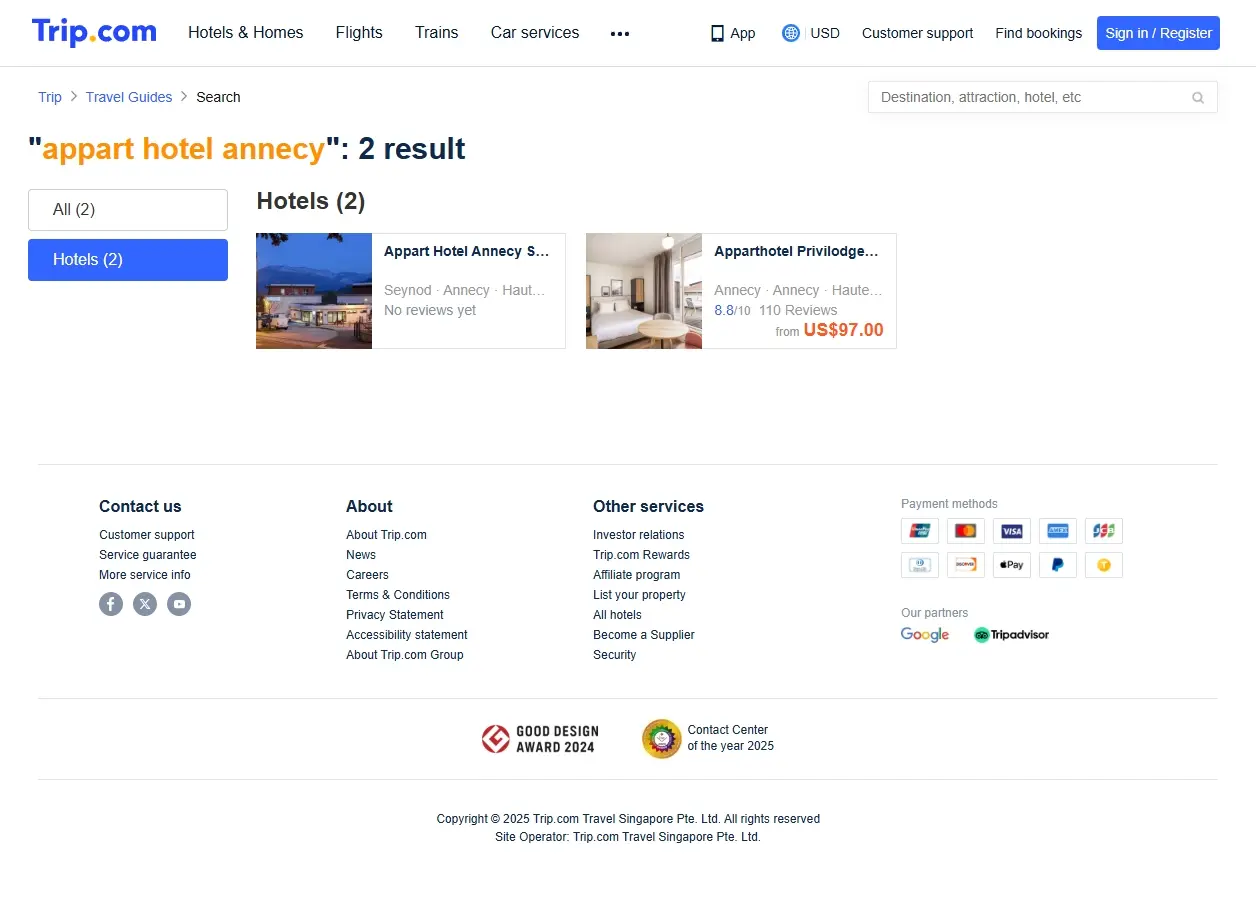 Capture d'écran de la recherche d'appart hotel à Annecy