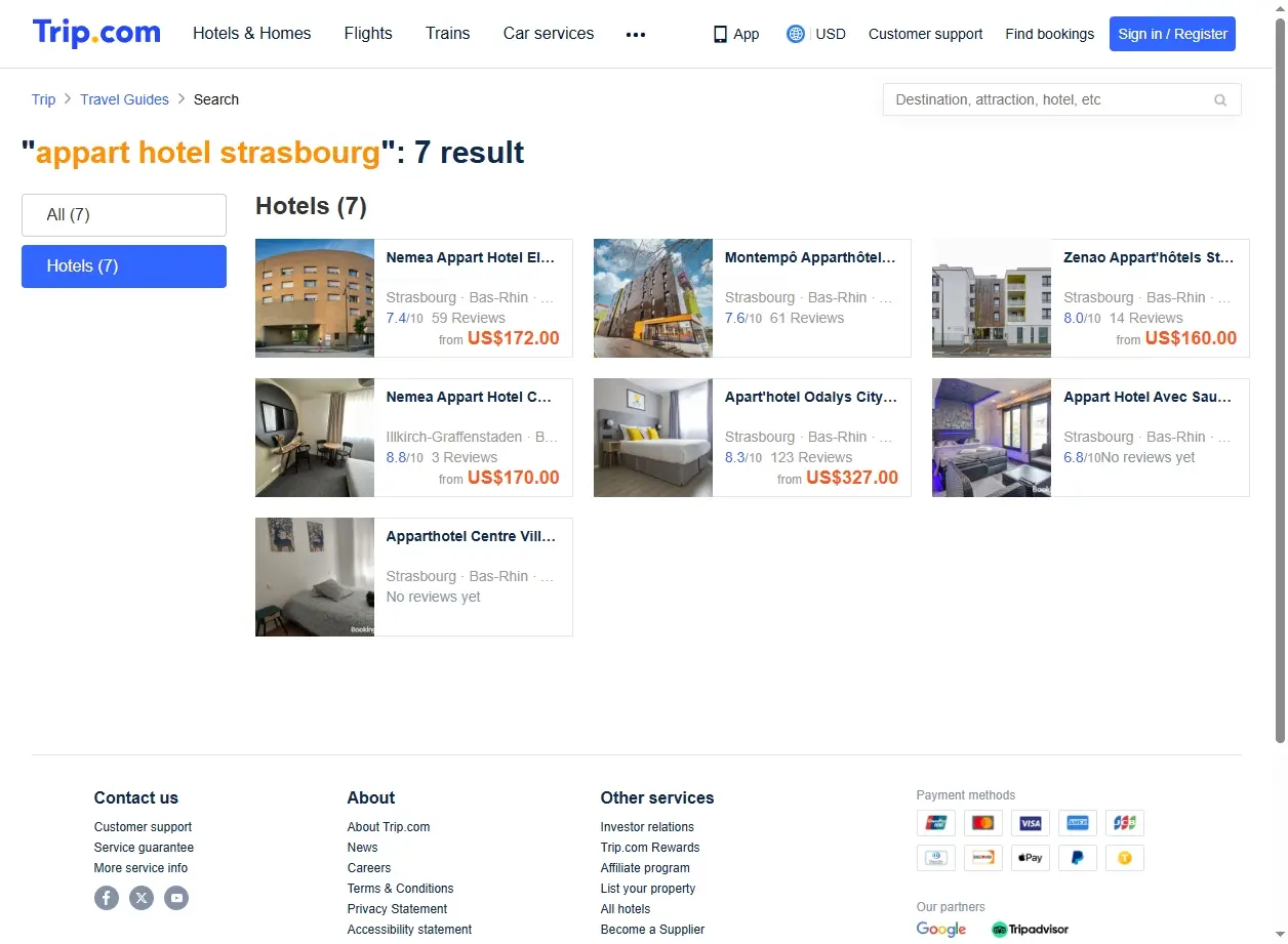 Capture d'écran de Trip.com montrant des offres d'appart'hôtels à Strasbourg