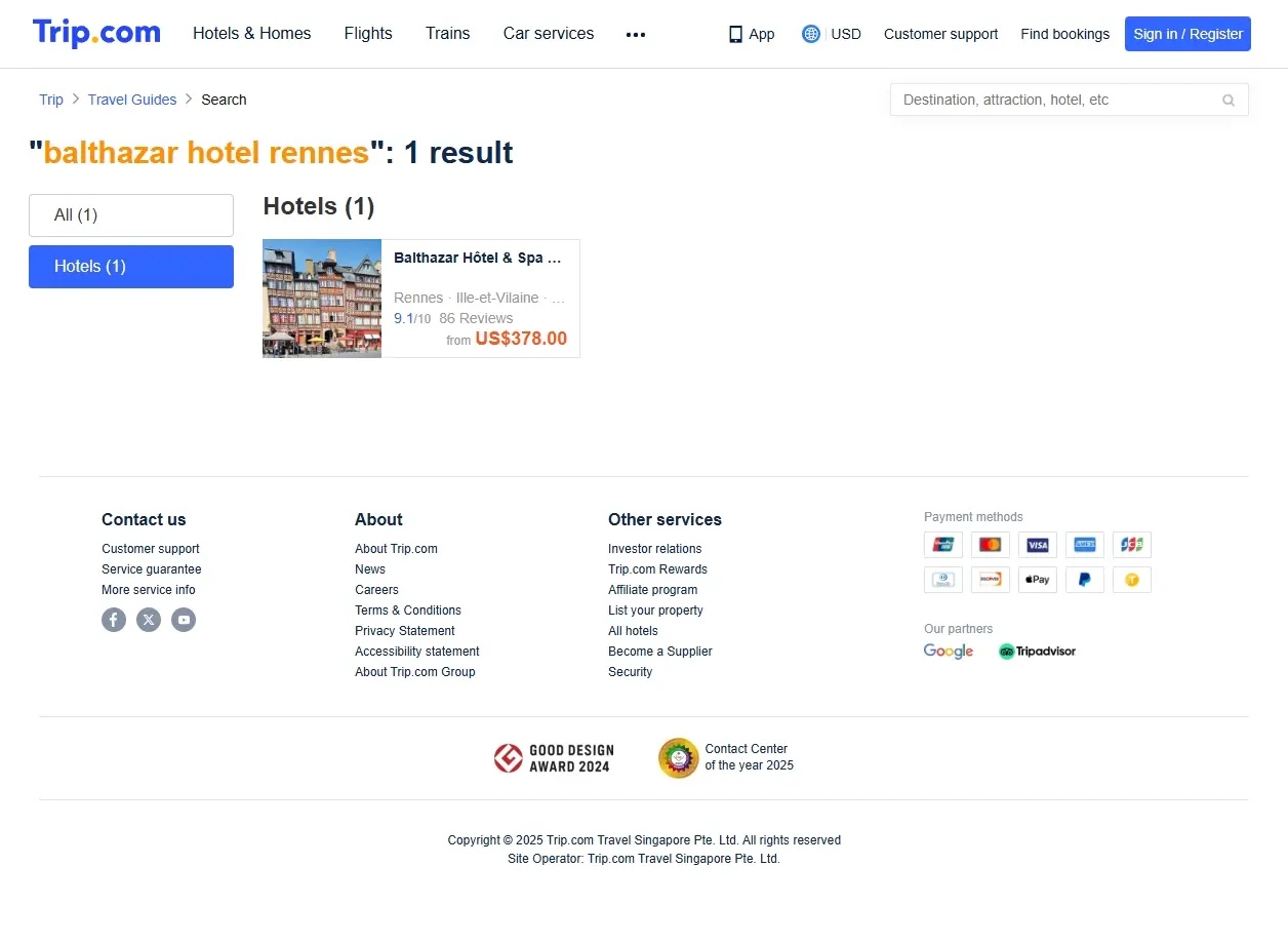 Capture d'écran de Trip.com montrant les offres pour le Balthazar Hotel Rennes