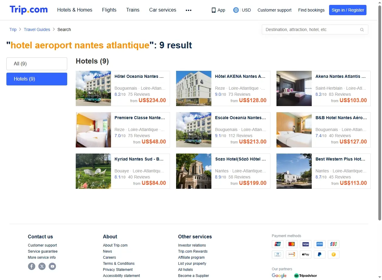 Capture d'écran de Trip.com affichant les offres d'hôtel à l'aéroport de Nantes Atlantique