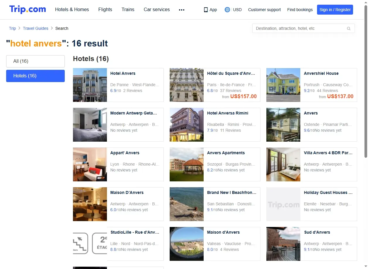 Interface du site Trip.com montrant des offres d'hôtels à Anvers
