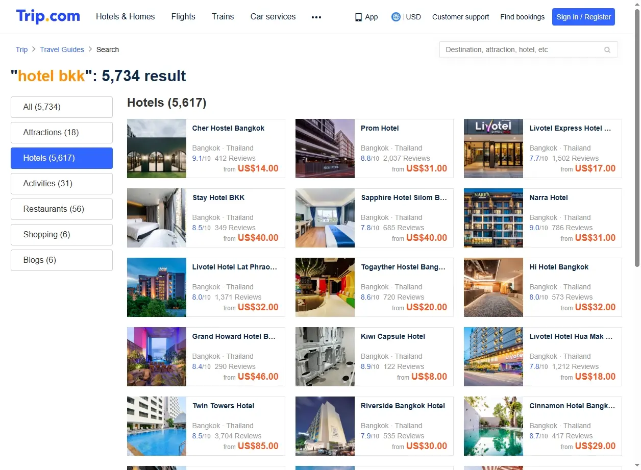 Capture d'écran de Trip.com montrant des offres d'hôtels à Bangkok