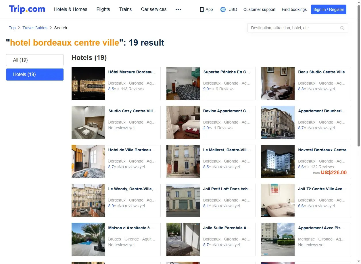Capture d'écran de page d'offres hôtelières à Bordeaux