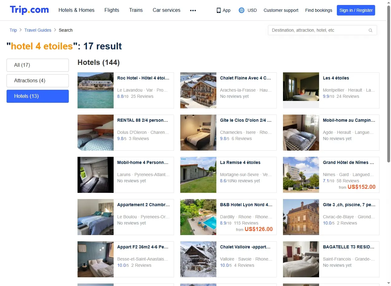 Capture d'écran de la plateforme Trip.com montrant des offres d'hôtel 4 étoiles