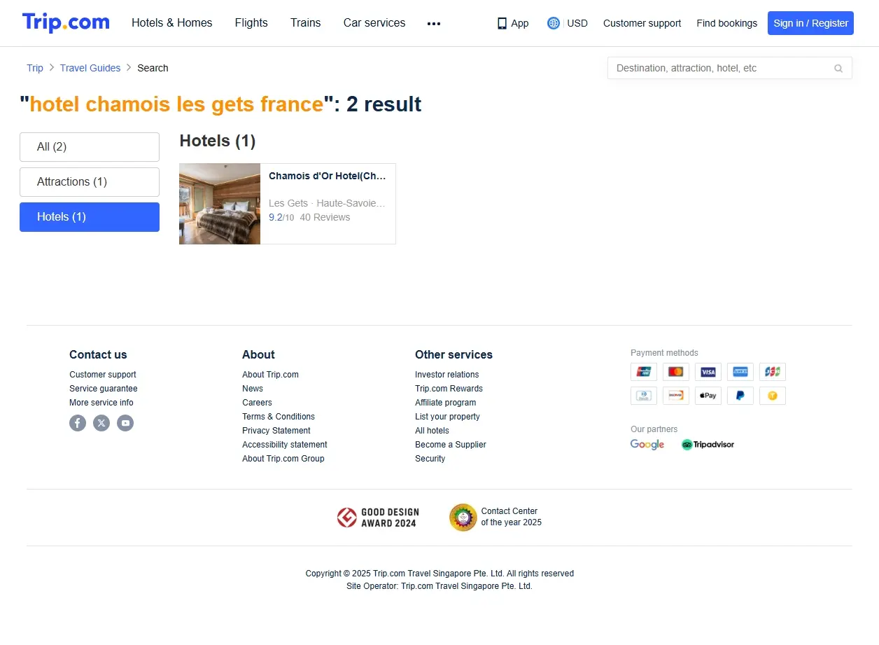 Interface de recherche de Trip.com montrant les offres pour l'Hôtel Chamois Les Gets France