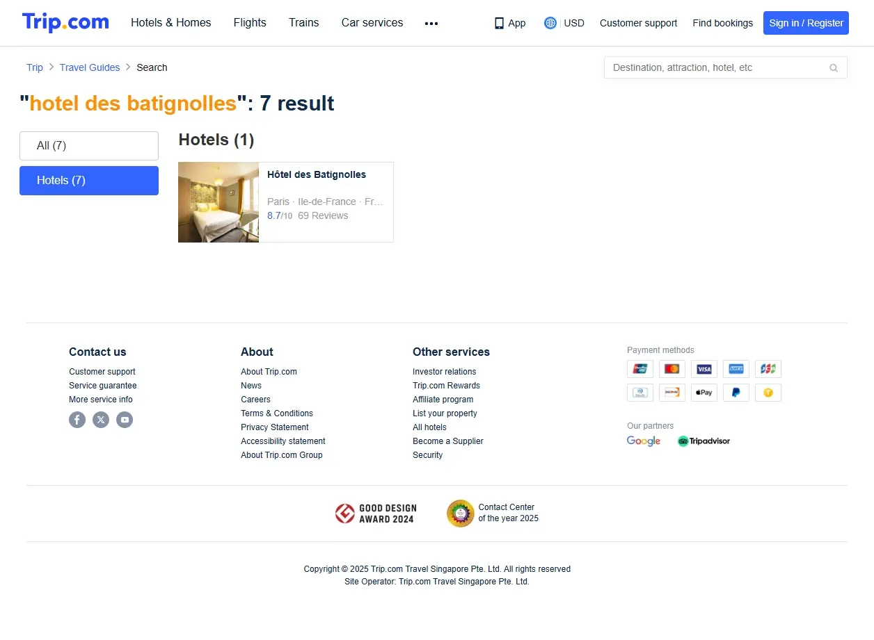 Capture d'écran de Trip.com montrant des offres d'hôtels