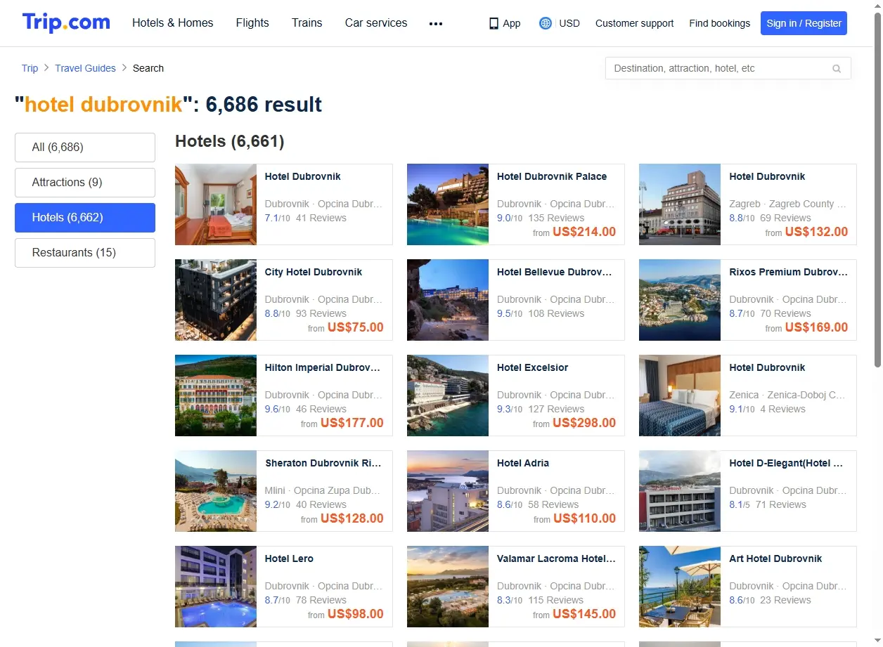 Interface de recherche d'hôtels montrant des offres spéciales pour Dubrovnik