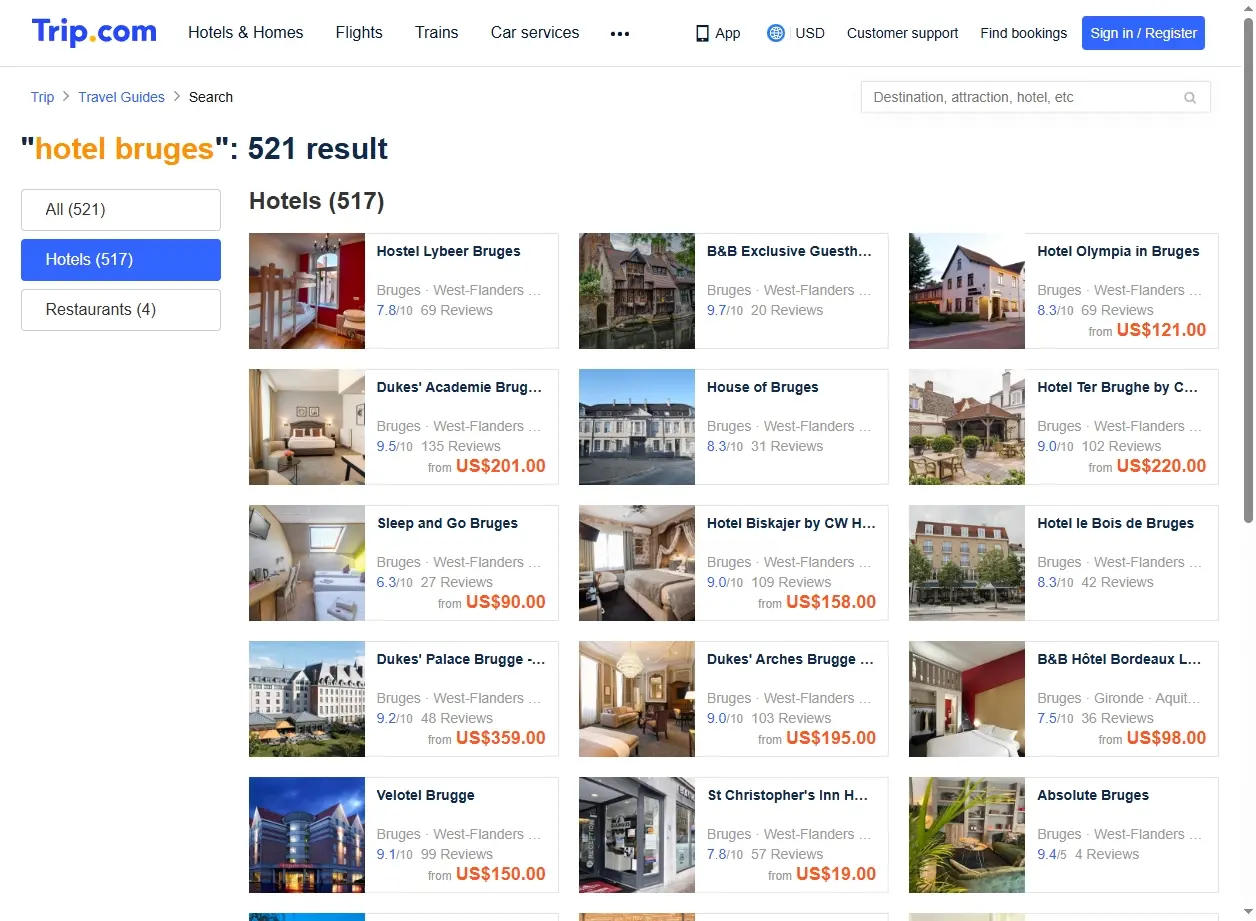 Capture d'écran de la page de recherche Trip.com montrant des offres d'hôtels à Bruges.