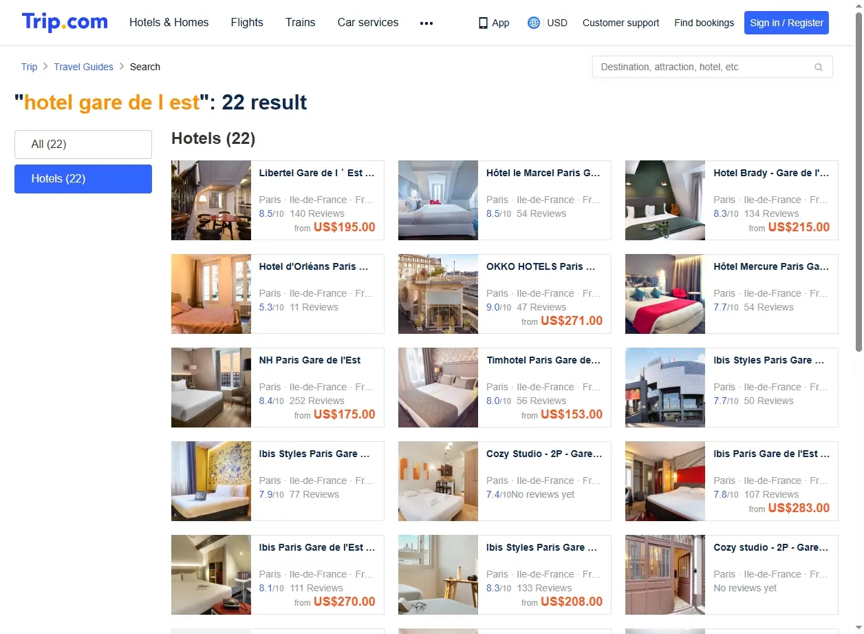 Capture d'écran de Trip.com montrant les offres d'hôtels autour de la Gare de l'Est