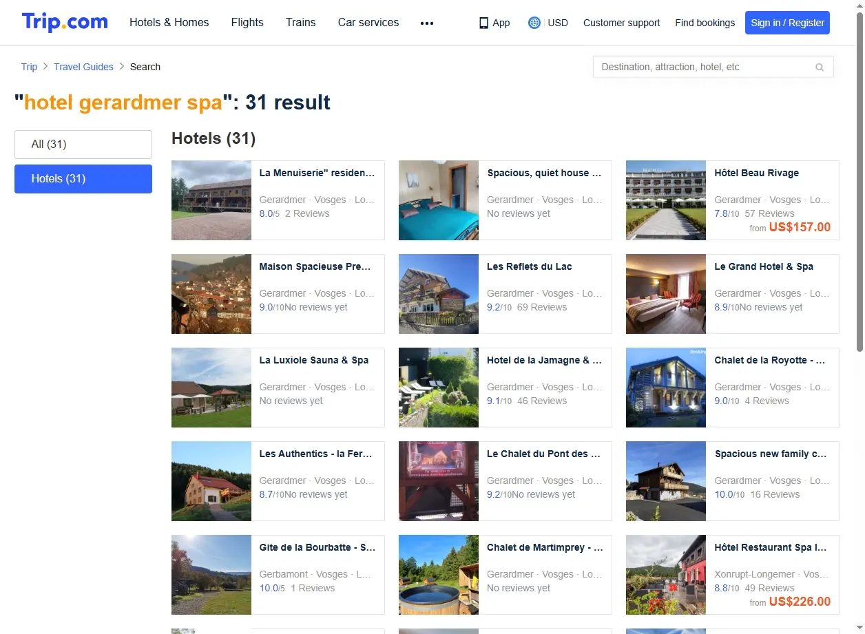 Capture d'écran de site de réservation d'hôtels montrant des offres pour Gérardmer