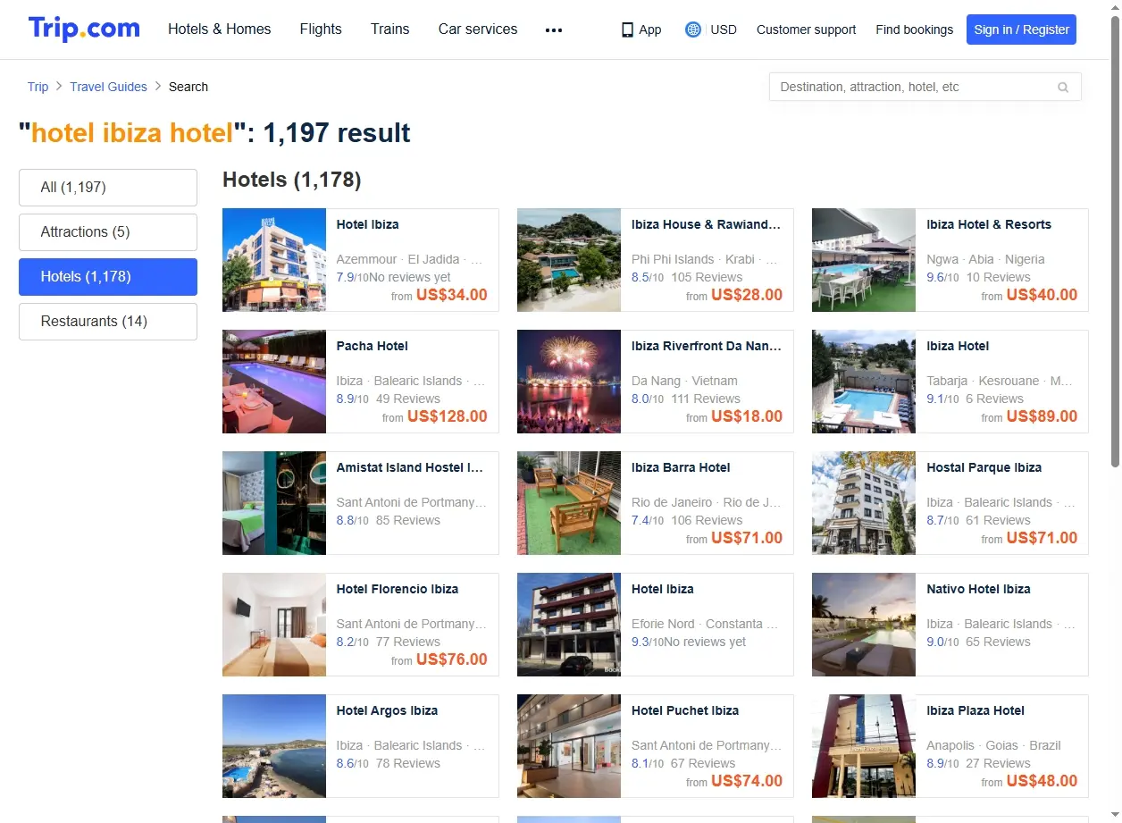 Capture d'écran de Trip.com montrant des offres d'hôtels à Ibiza.