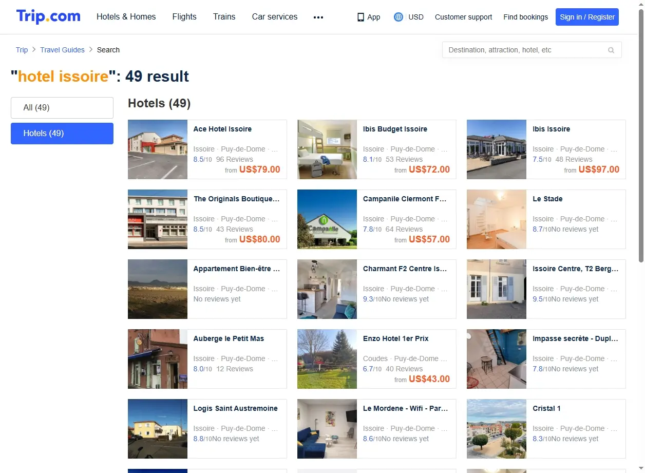 Capture d'écran de Trip.com affichant des offres spéciales pour des hôtels à Issoire.