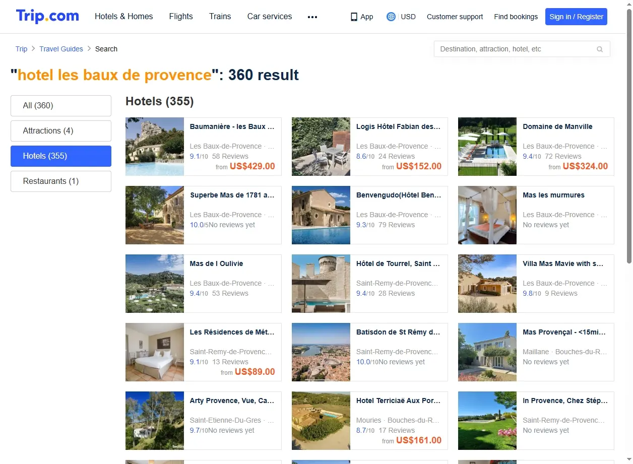 Capture d'écran de page d'offres d'hôtel aux Baux-de-Provence