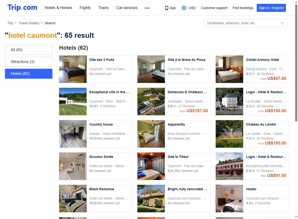 Capture d'écran de la page de recherche pour les offres d'hôtel près du Hotel Caumont.