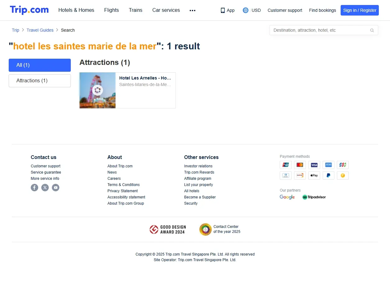 Capture d'écran de résultats de recherche d'hôtels aux Saintes-Maries-de-la-Mer