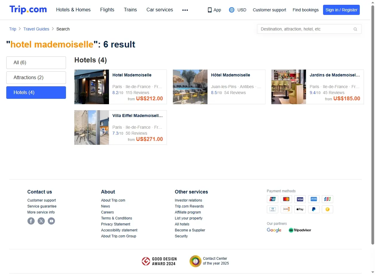 Capture d'écran de Trip.com montrant les offres pour l'Hotel Mademoiselle.