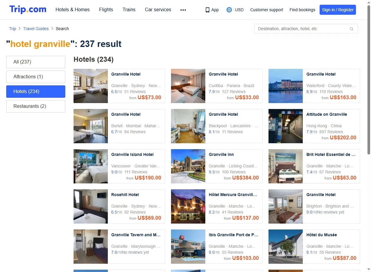 Interface de recherche d'hôtels montrant des offres exclusives pour Granville.