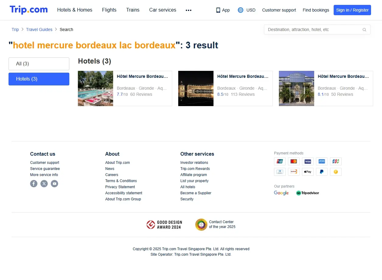 Capture d'écran de site de réservation affichant des offres pour l'hôtel Mercure Bordeaux Lac