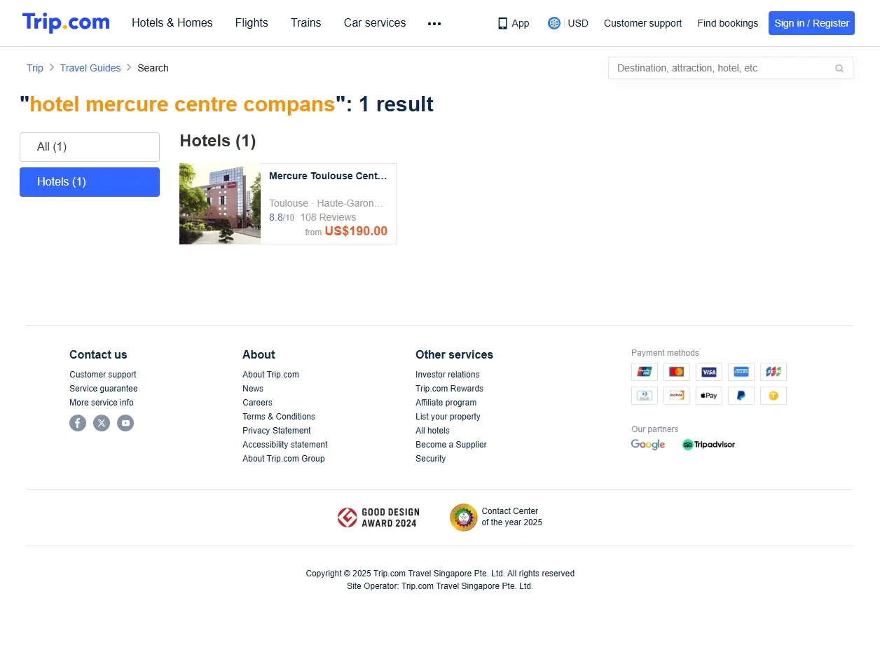 Capture d'écran de site de réservation montrant des offres pour l'Hotel Mercure Centre Compans