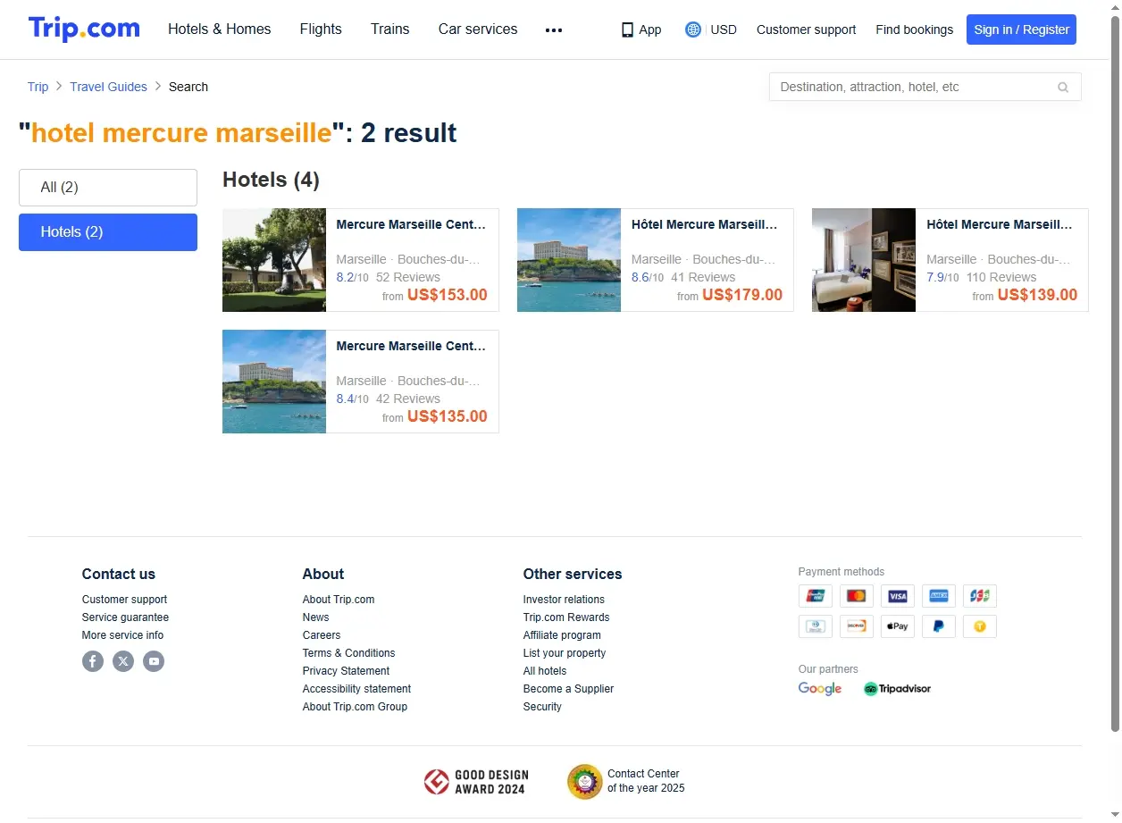 Capture d'écran de Trip.com affichant des offres spéciales pour l'hôtel Mercure Marseille.