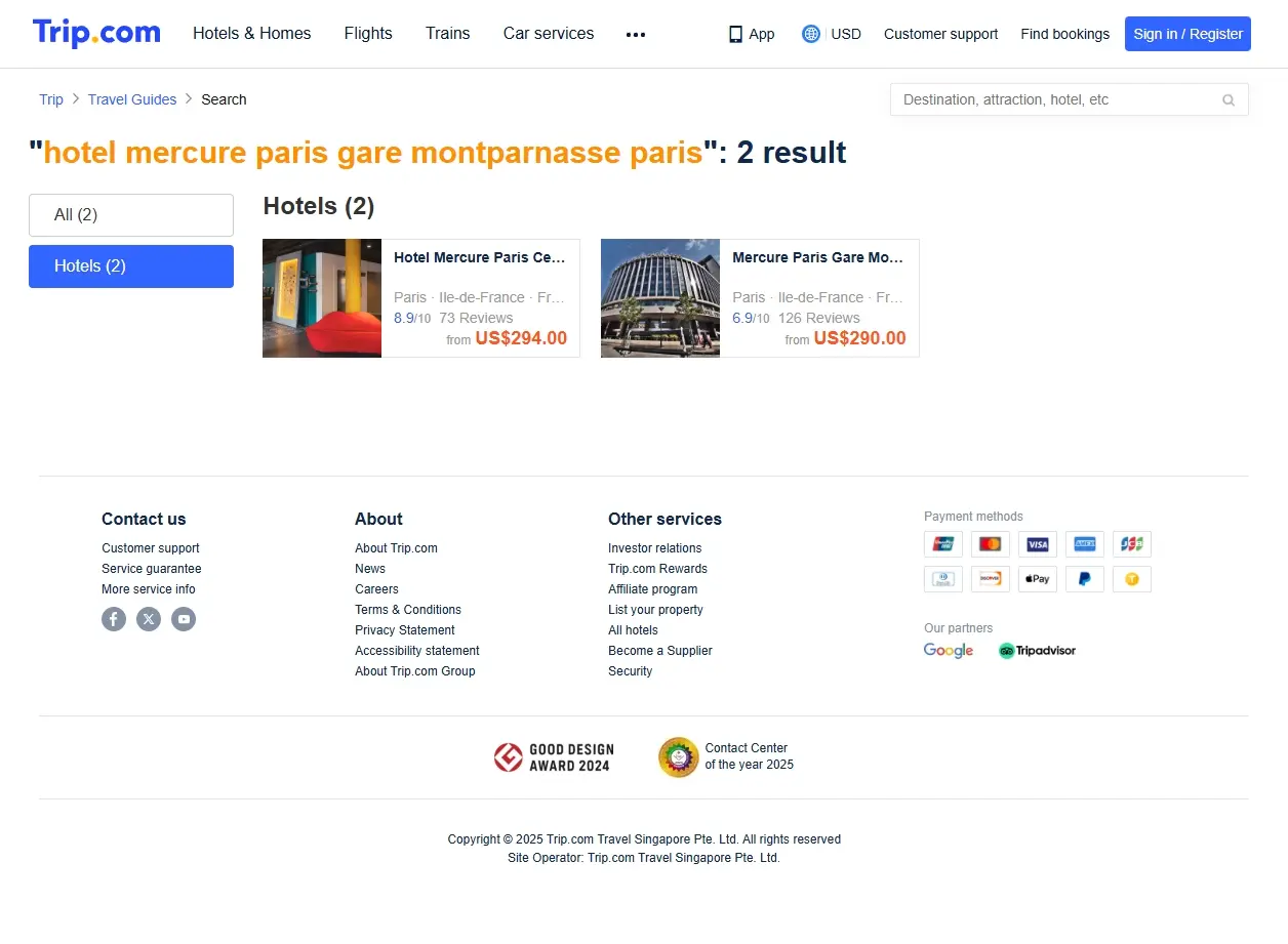 Capture d'écran de Trip.com montrant des offres pour l'Hotel Mercure Paris Gare Montparnasse Paris