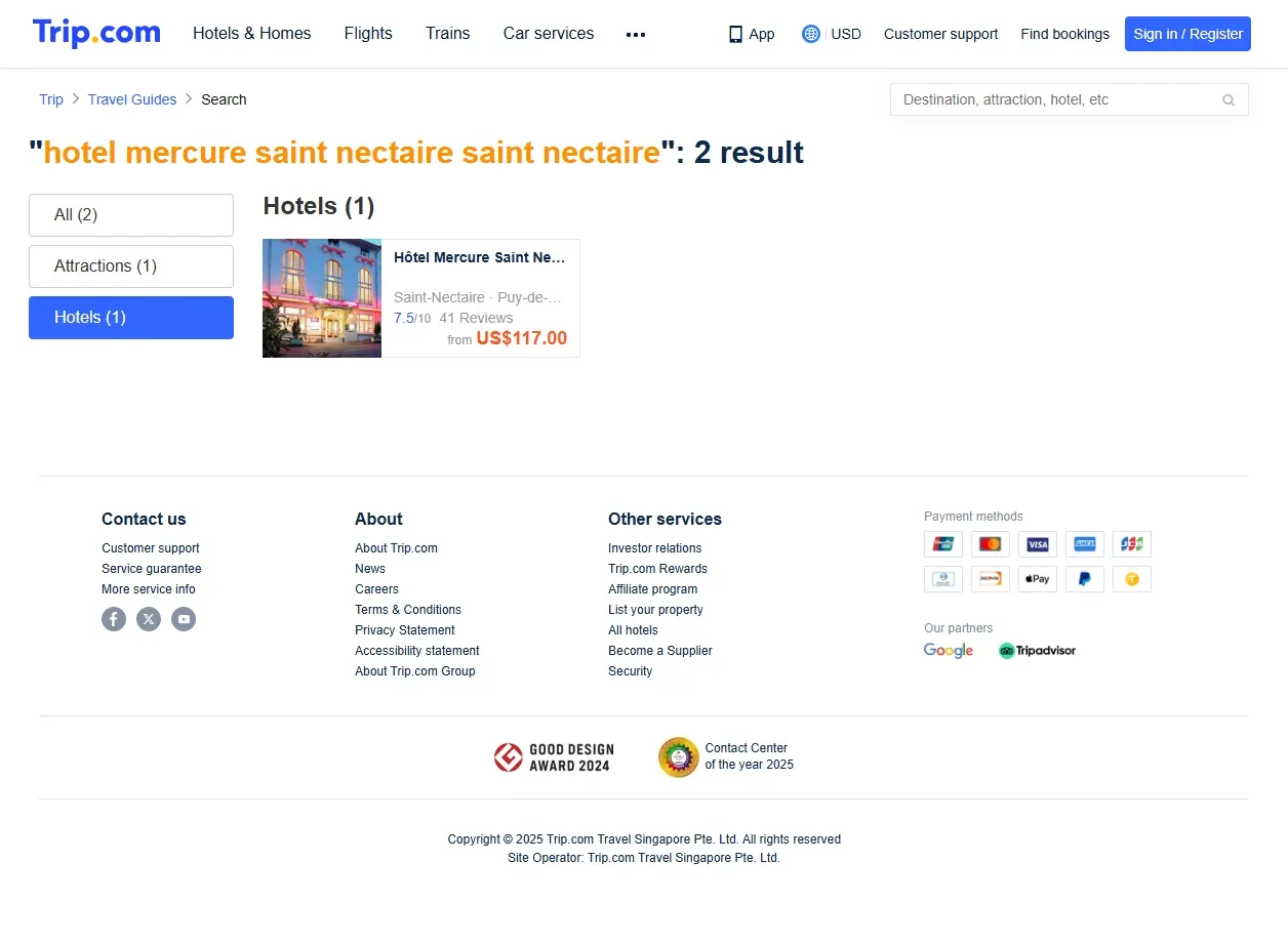Capture d'écran de la recherche d'offres pour l'Hôtel Mercure Saint-Nectaire Saint-Nectaire