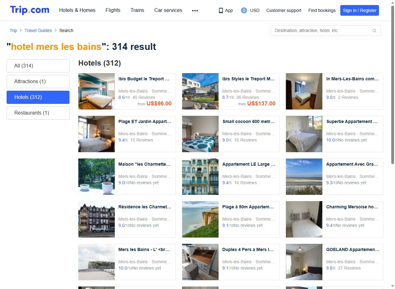 Capture d'écran de page d'offres d'hôtels pour Mers-les-Bains