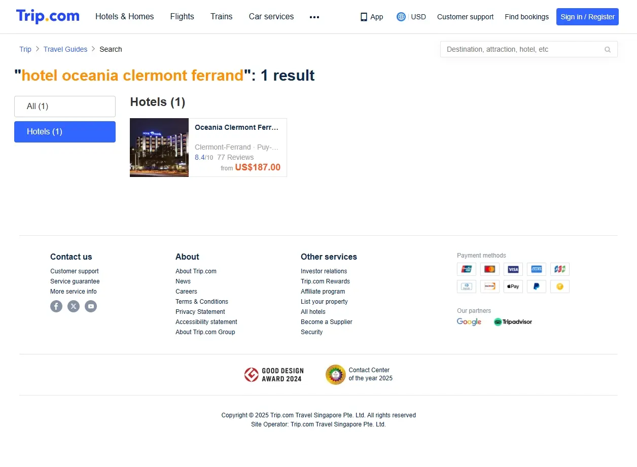 Capture d'écran de page de recherche d'offres pour l'Hotel Oceania Clermont-Ferrand