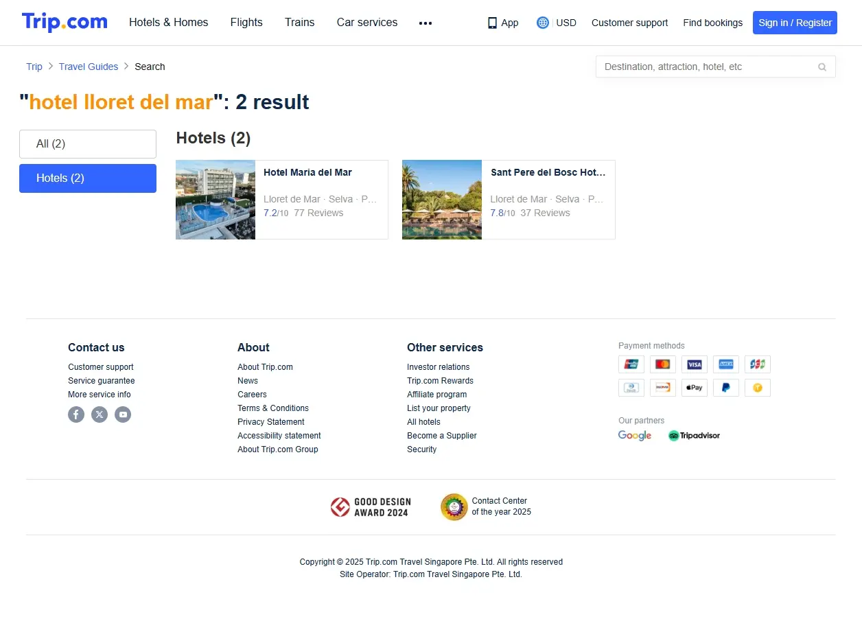 Capture d'écran de Trip.com affichant des offres spéciales pour l'hôtel Lloret de Mar