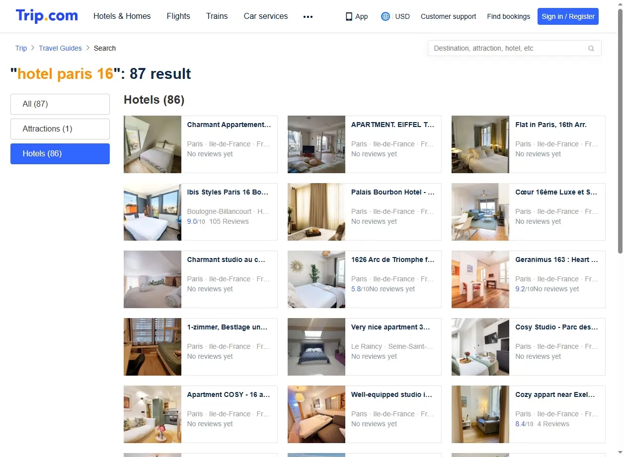 Capture d'écran de Trip.com montrant des offres d'hôtel à Paris 16