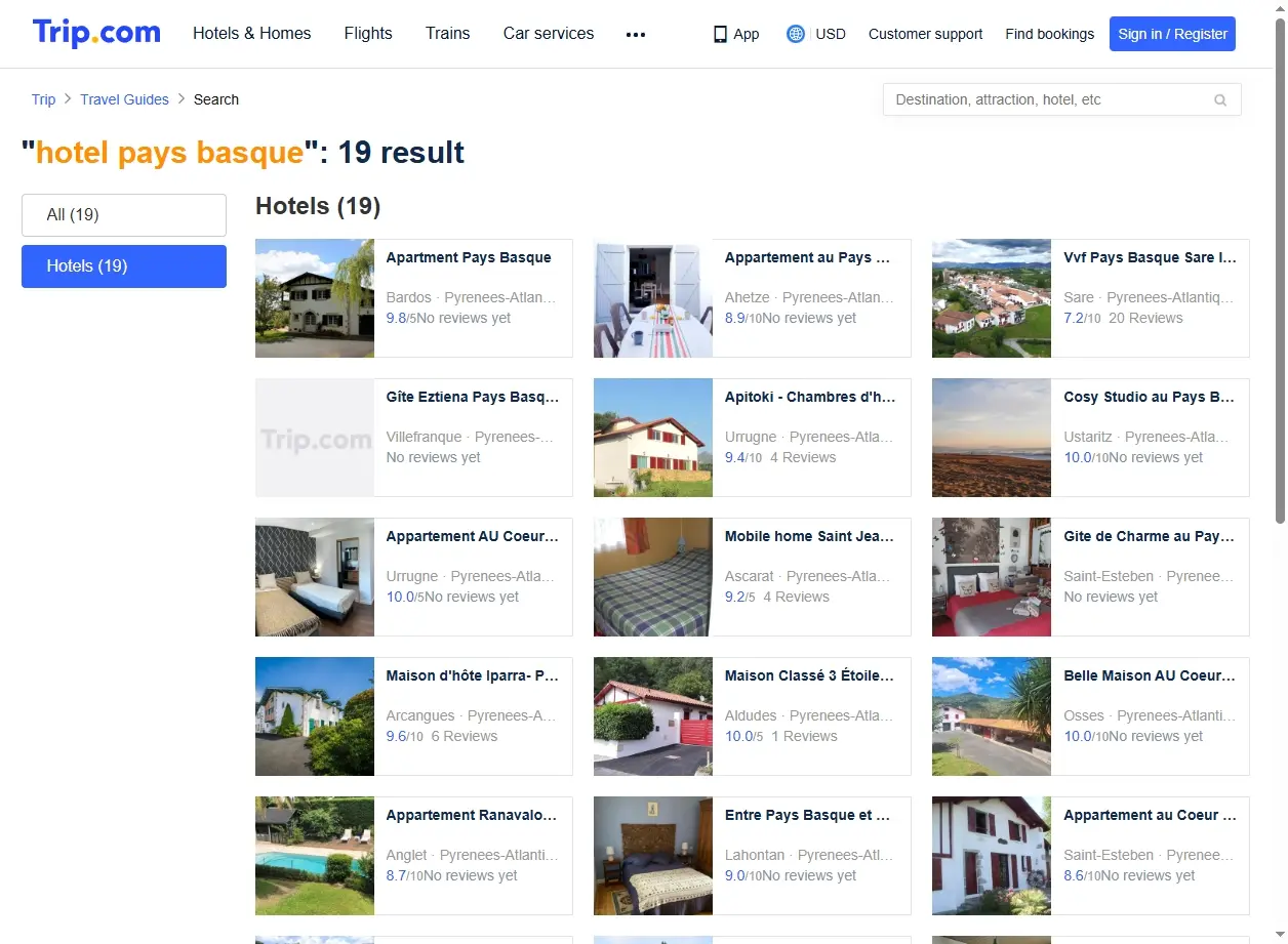 Capture d'écran de Trip.com montrant des offres d'hôtels pour le Pays Basque
