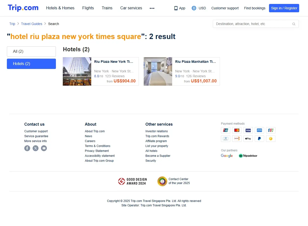 Capture d'écran de site de réservation d'hôtels avec des offres pour le Riu Plaza New York