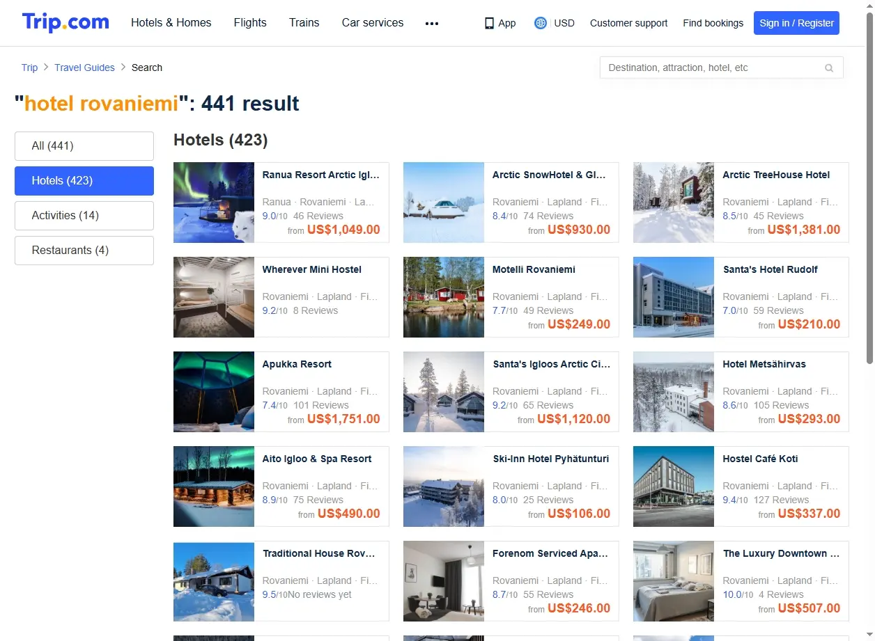 Capture d'écran des offres spéciales pour hôtels à Rovaniemi sur Trip.com