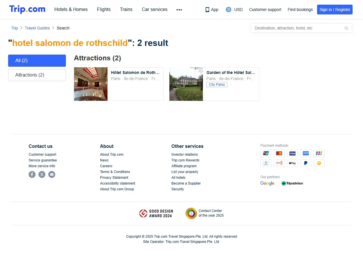 Capture d'écran de Trip.com montrant des offres d'hôtels autour de Paris