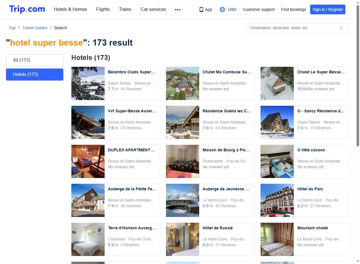 Capture d'écran de Trip.com montrant des offres d'hôtels à Super Besse