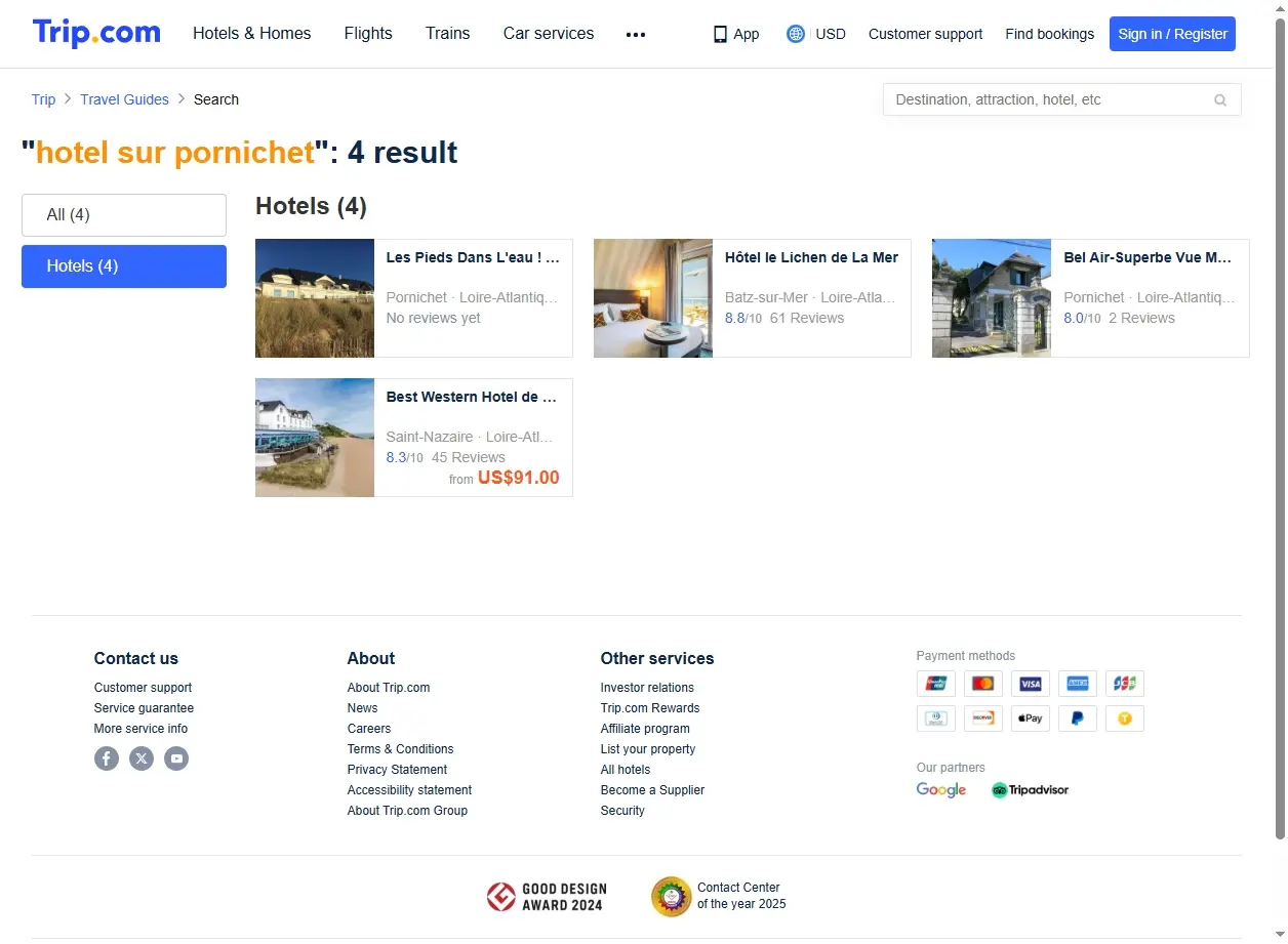 Interface de recherche d'hôtels montrant des offres spéciales à Pornichet.