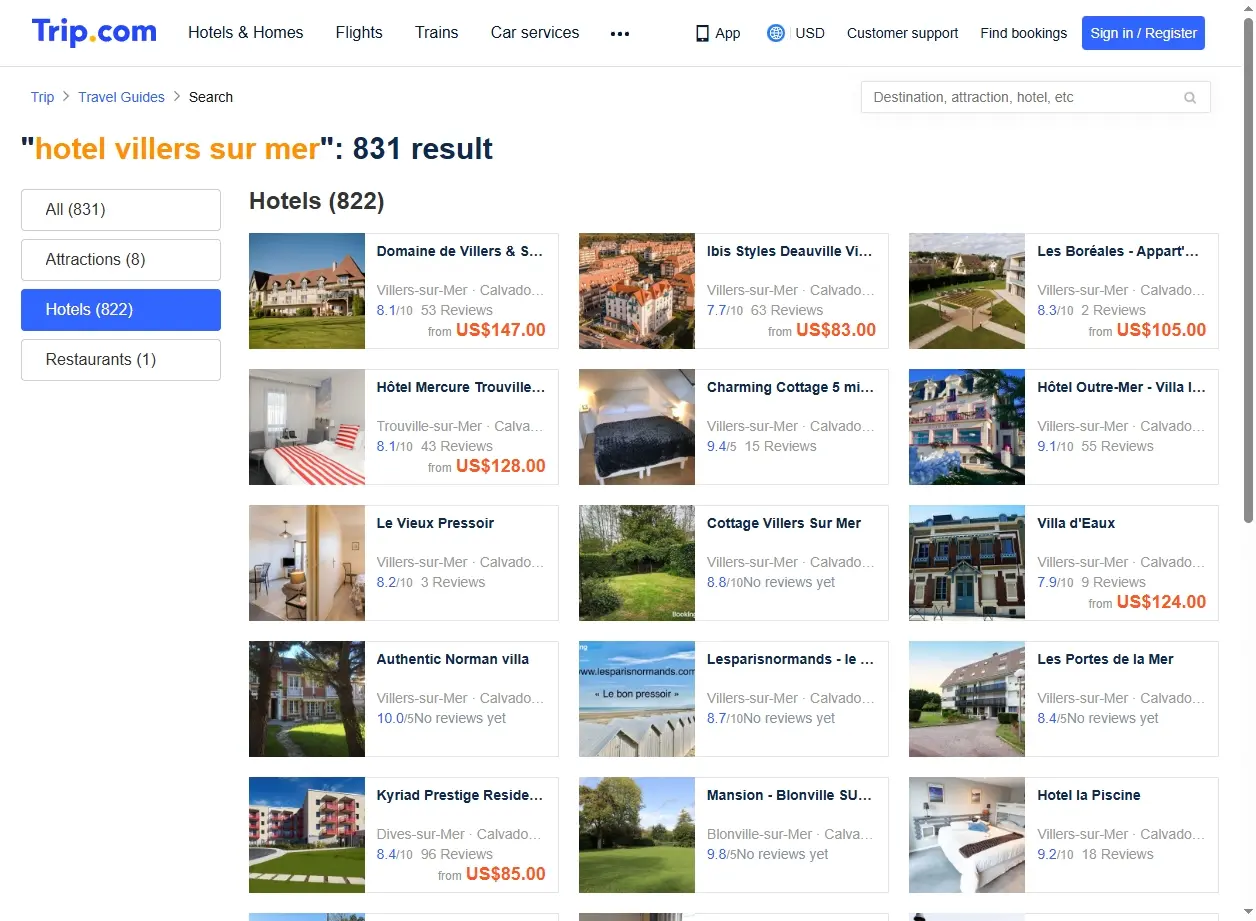 Capture d'écran de Trip.com affichant des offres spéciales pour hôtel villers sur mer