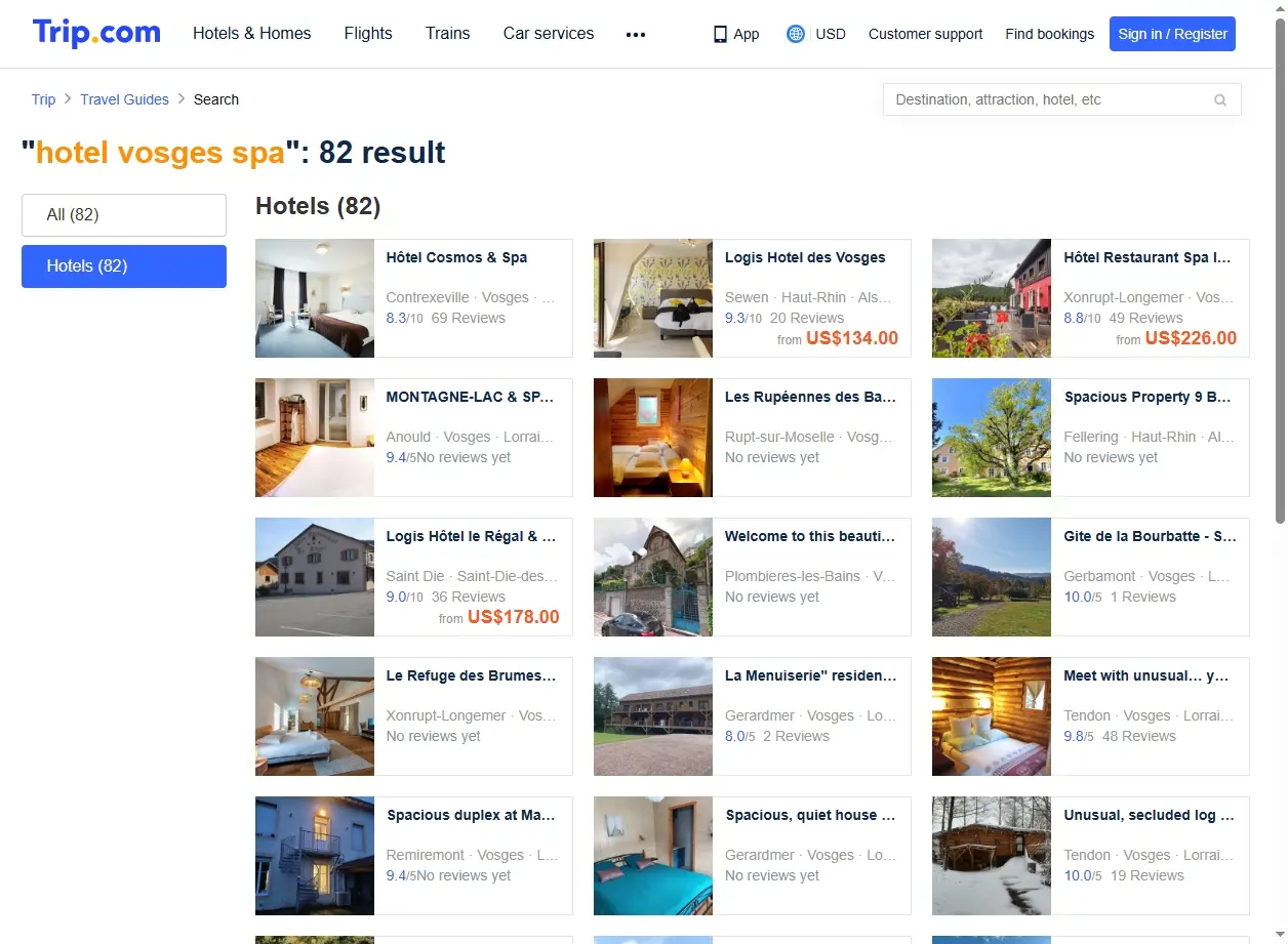 Interface de recherche d'hôtels montrant des offres pour hotel vosges spa