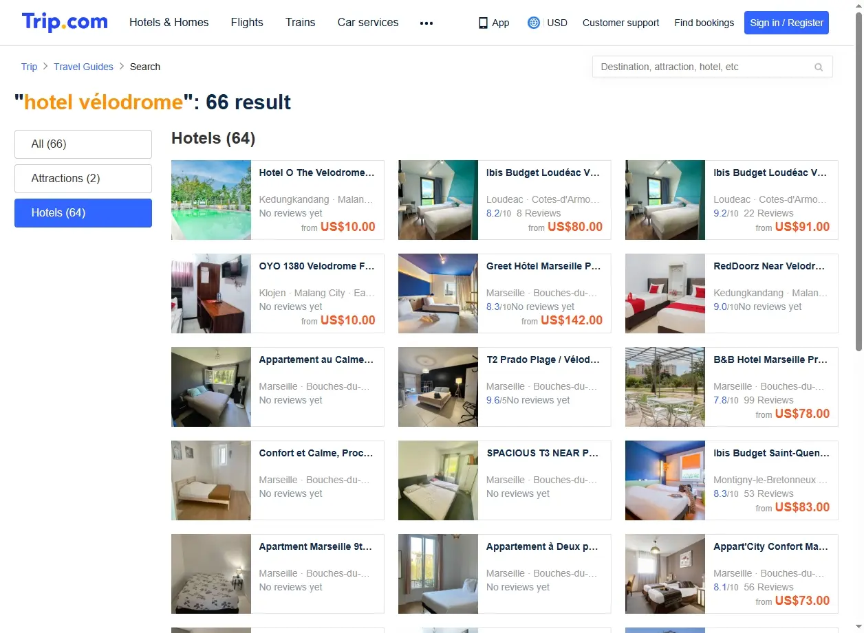 Capture d'écran de résultats de recherche d'hôtels Vélodrome