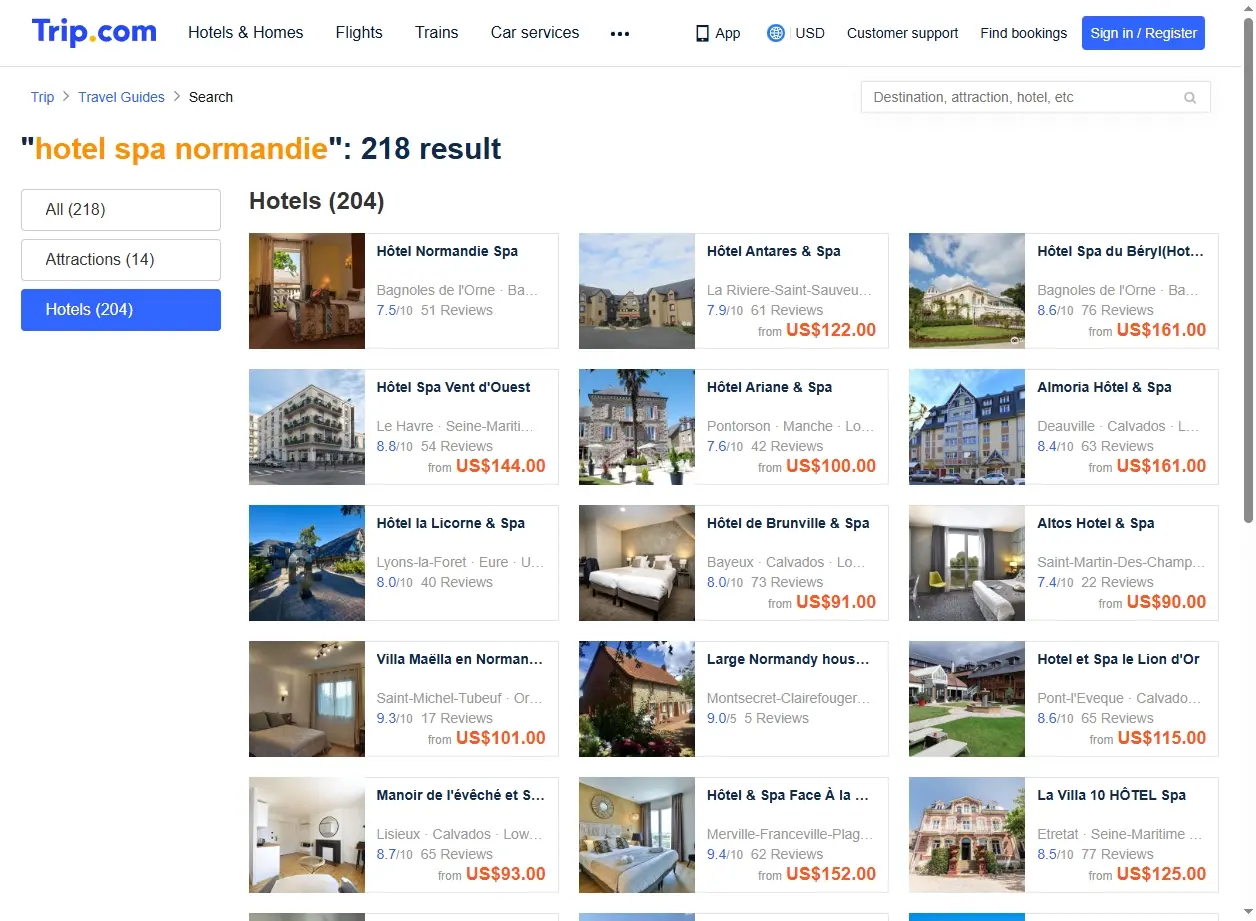Capture d'écran des offres spéciales pour hotel spa normandie sur Trip.com