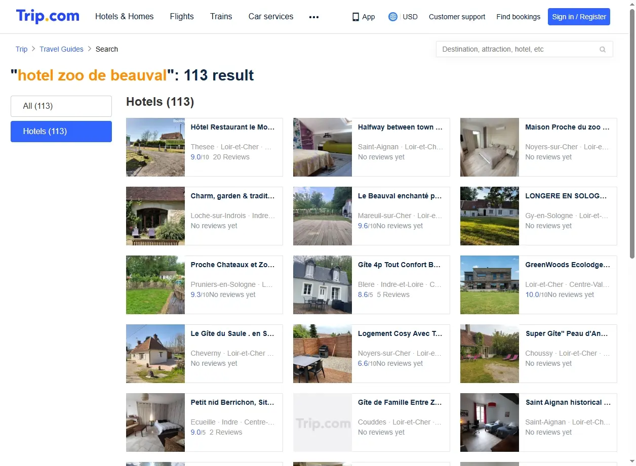 Interface de recherche de Trip.com montrant des offres d'hôtels autour du Zoo de Beauval.