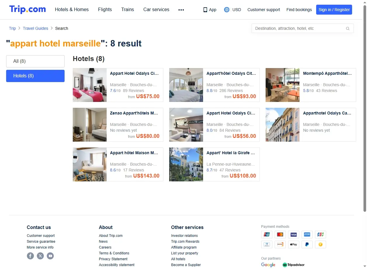 Capture d'écran de Trip.com montrant les offres d'appart hôtels à Marseille