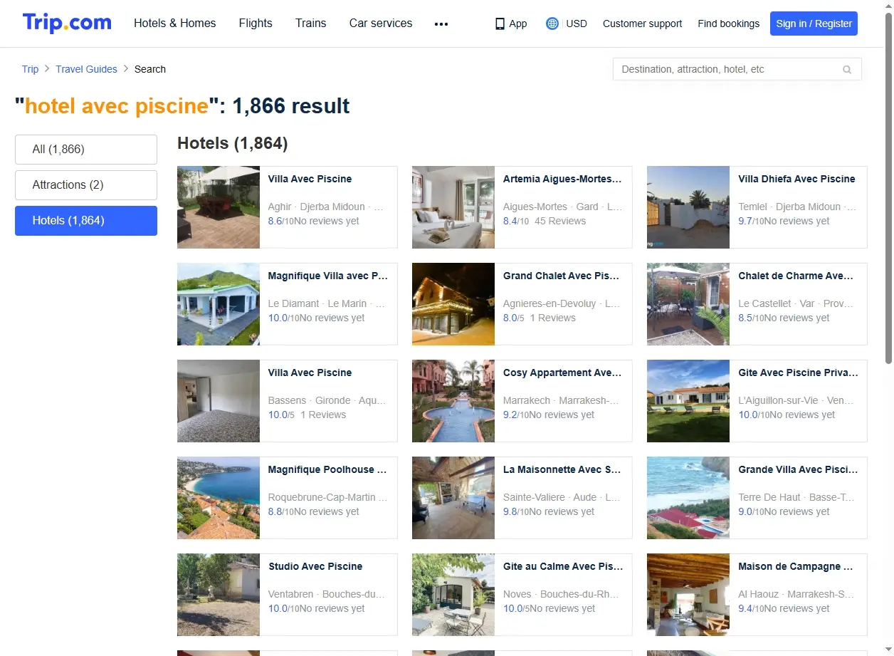 Capture d'écran de Trip.com montrant des offres d'hôtels avec piscine.