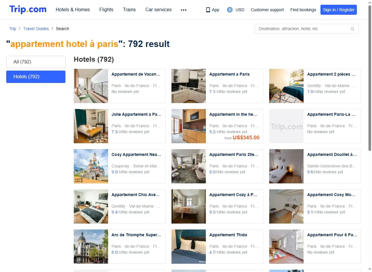 Capture d'écran de la page de recherche de Trip.com montrant des offres d'appartements hôtels à Paris.