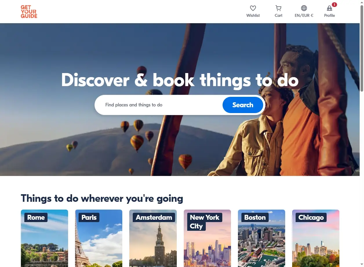 Capture d'écran de GetYourGuide affichant des activités disponibles autour d'un lieu à Paris.