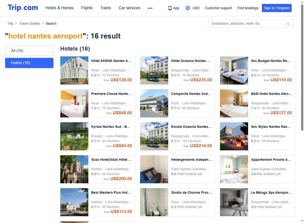 Capture d'écran de Trip.com montrant les offres d'hôtels près de l'aéroport de Nantes