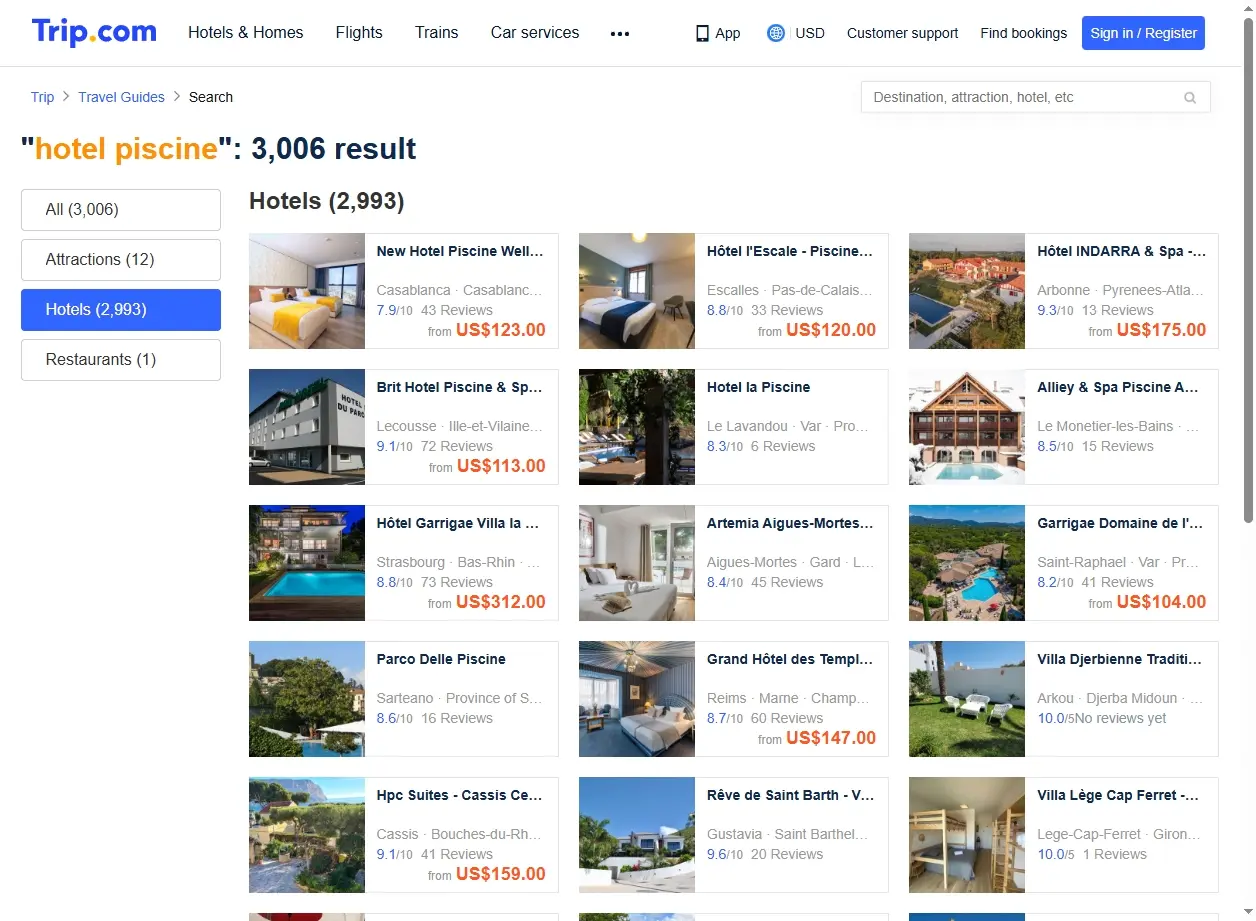 Capture d'écran de Trip.com montrant des offres d'hôtels avec piscine