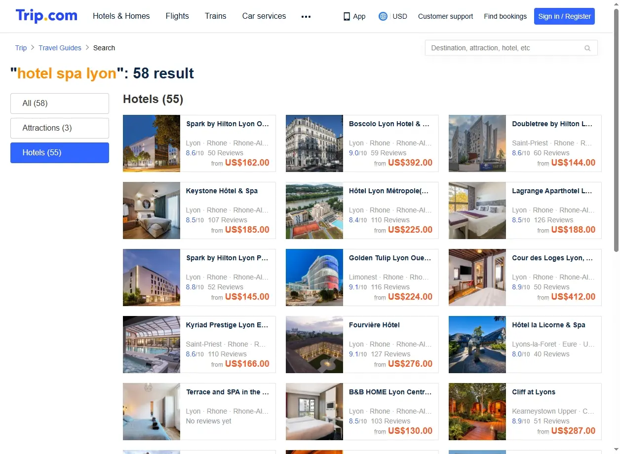 Interface de recherche d'hôtels montrant des offres exclusives pour les hôtels spa à Lyon