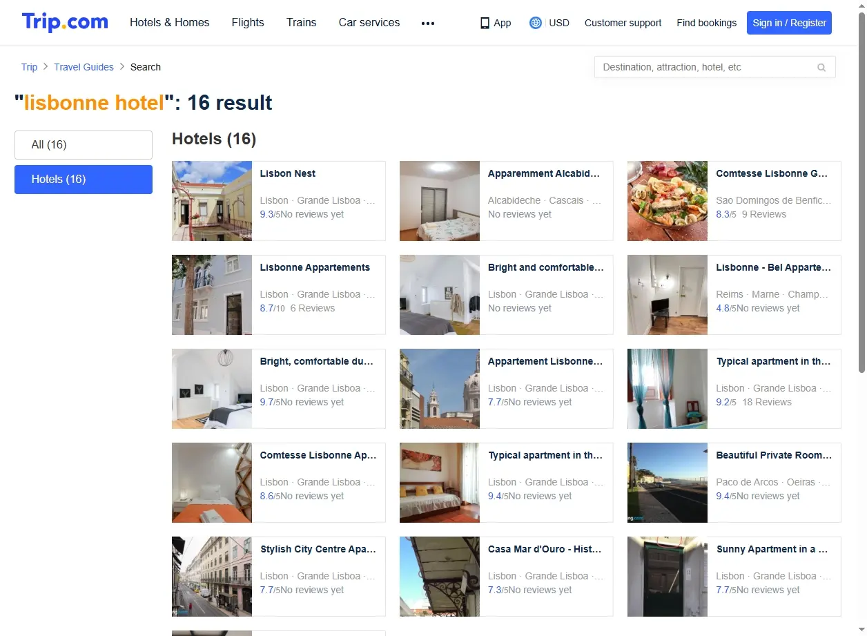 Capture d'écran des offres spéciales d'hôtels à Lisbonne sur Trip.com