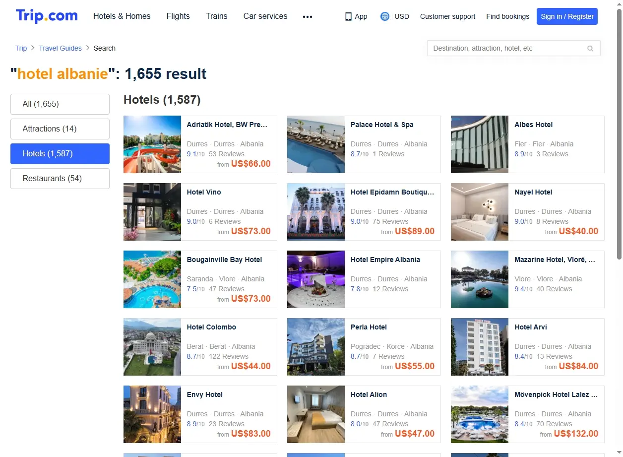 Capture d'écran de Trip.com montrant des offres d'hôtels en Albanie